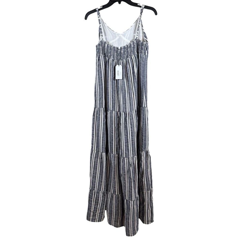 Striped Linen Blend Maxi Dress Adjustable Straps Flowy Bohemian Summer Dress - Picture 2 of 9